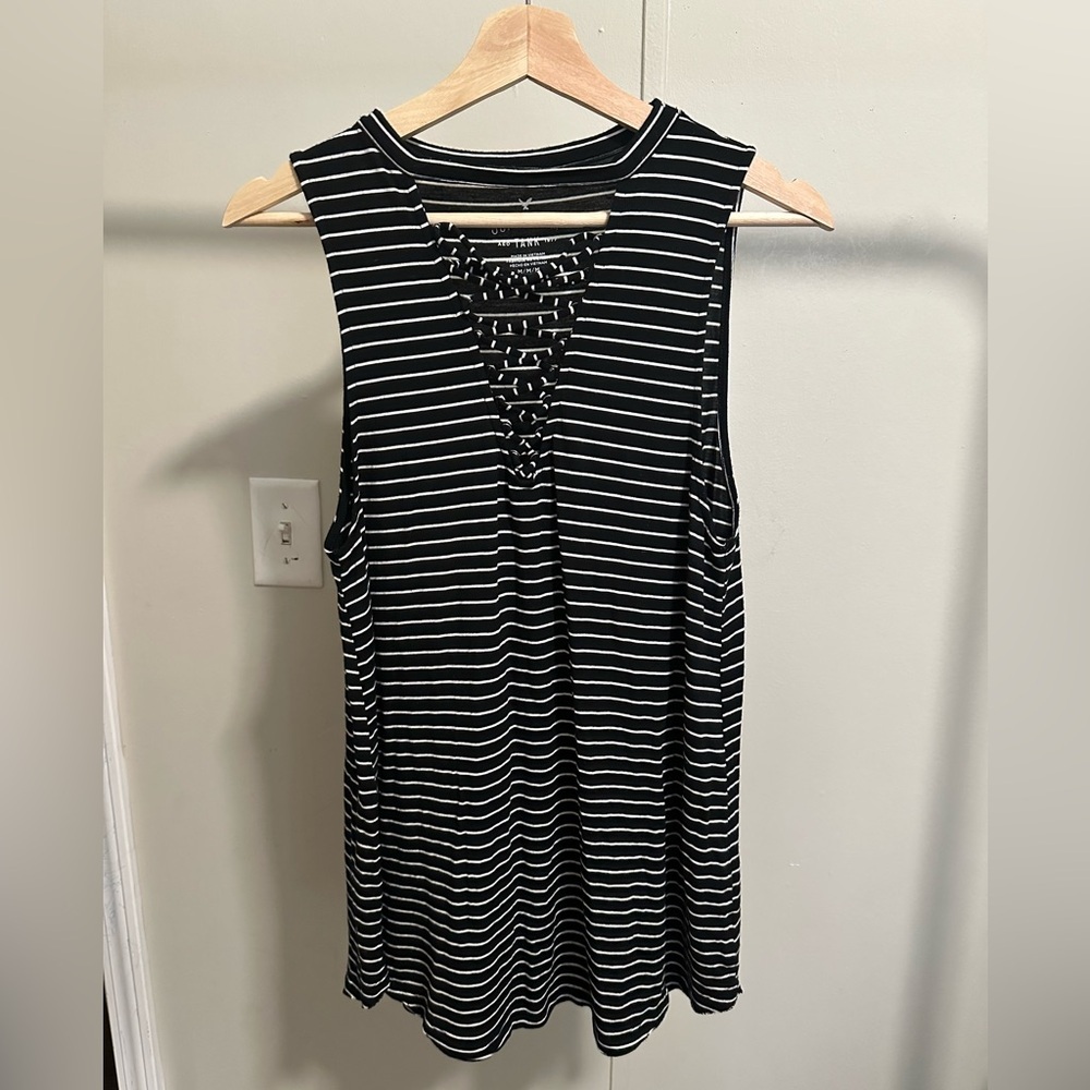 American Eagle Soft and Sexy Black and White Striped V-neck Tank Top size medium